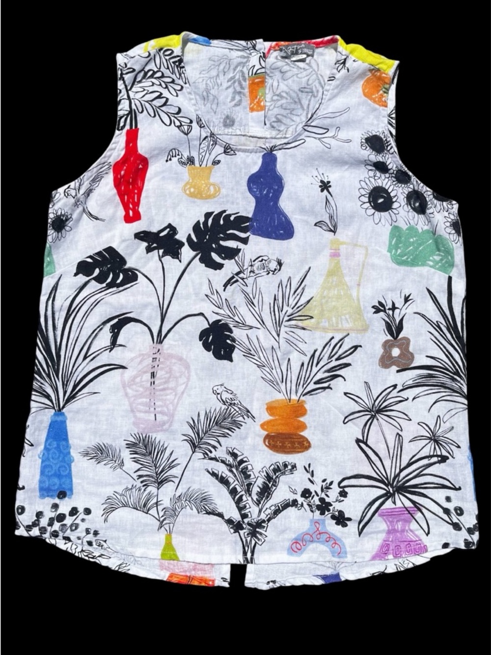NWOT Dolcezza 100% Linen Contemporary Summer Bouquet Floral Vase Tank Top M